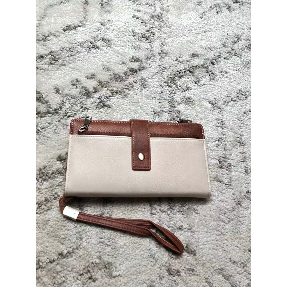 Two Tone RFID Protected Wristlet Wallet Cream and Brown‎ Faux Leather Clutch